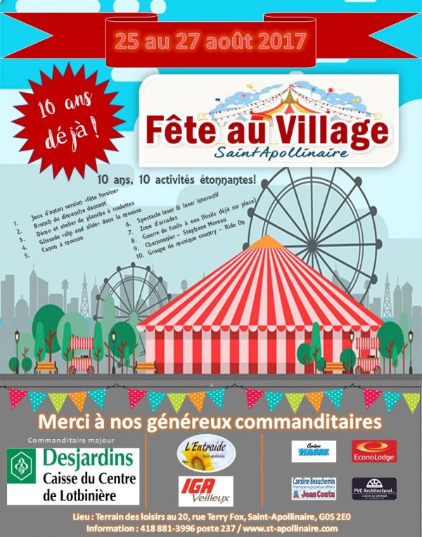 Programmation Fête au Village - 25 au 27 août 2017 - Saint-Apollinaire